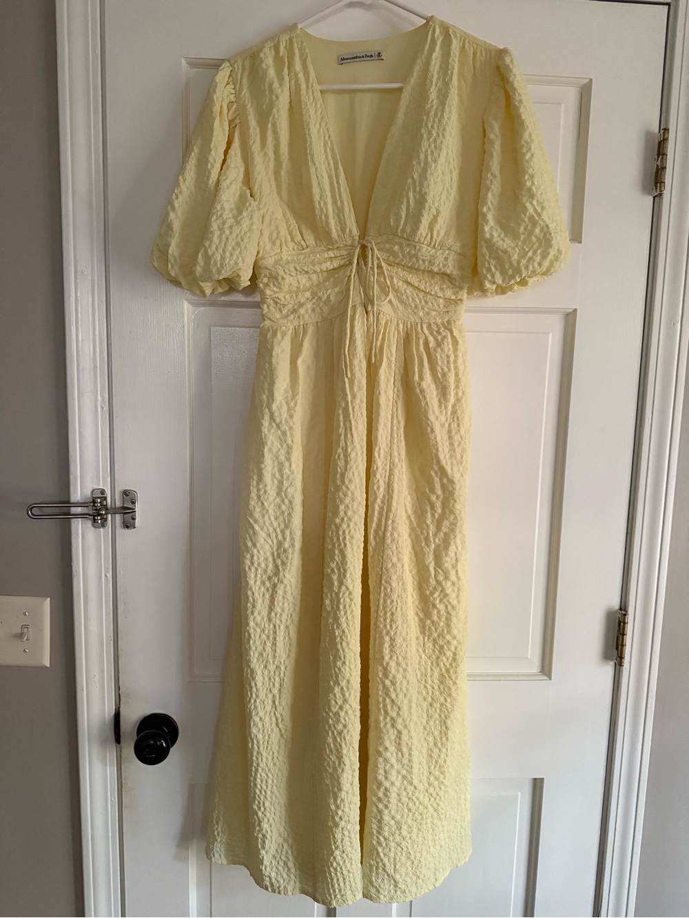 Abercrombie Yellow Textured Midi Dress with Puff Sleeves